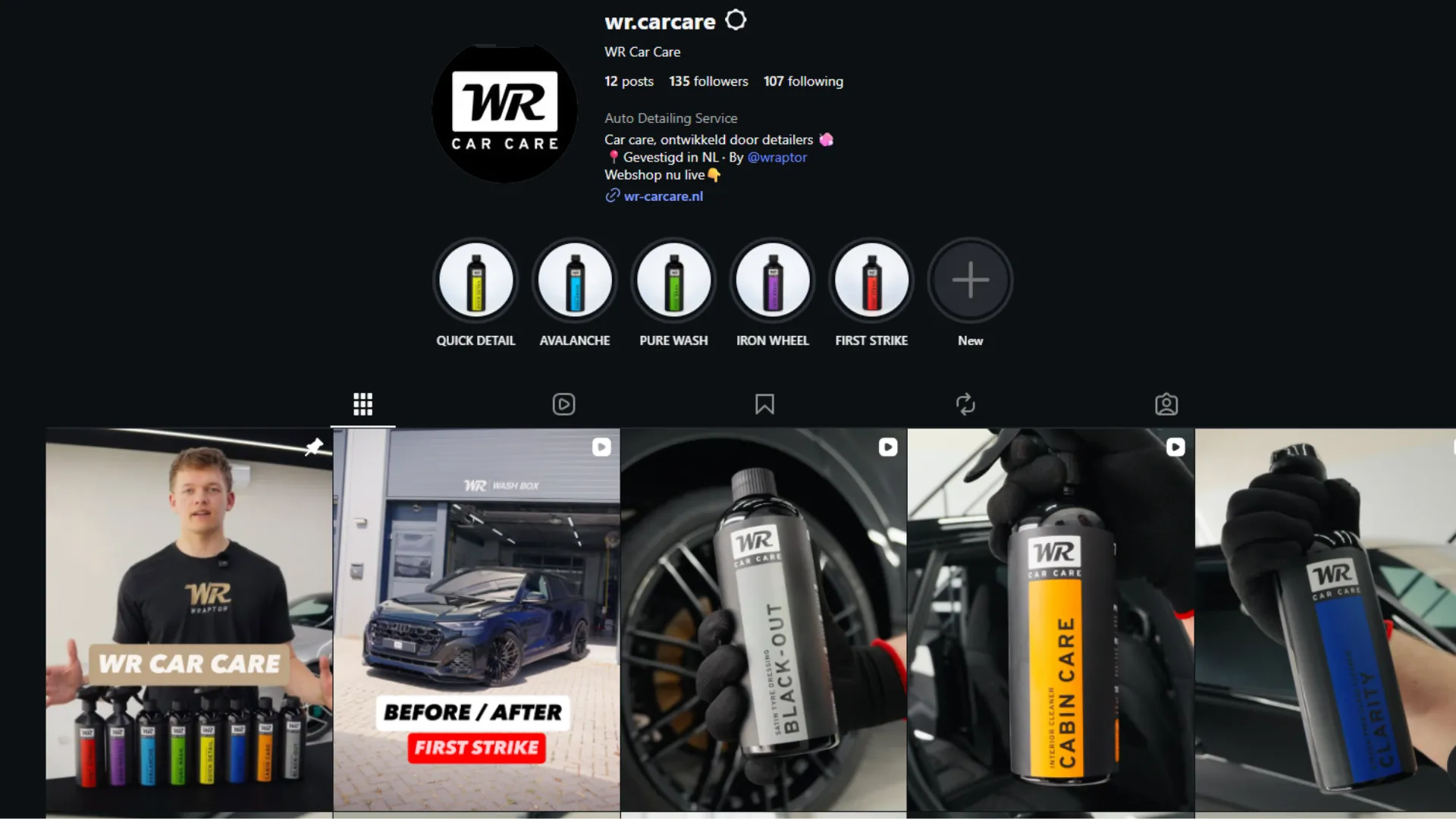 De Instagram van WR Car Care, met per product een eigen highlight en videocontent in de feed